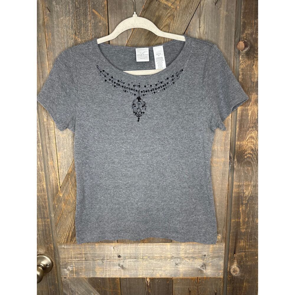 Emma James Gray Shirt Petite Medium Embellished Neckline Short Sleeves